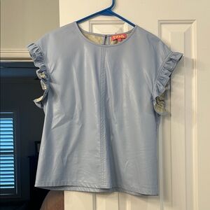 THML Light Blue Leather-like Ruffle Sleeve Blouse